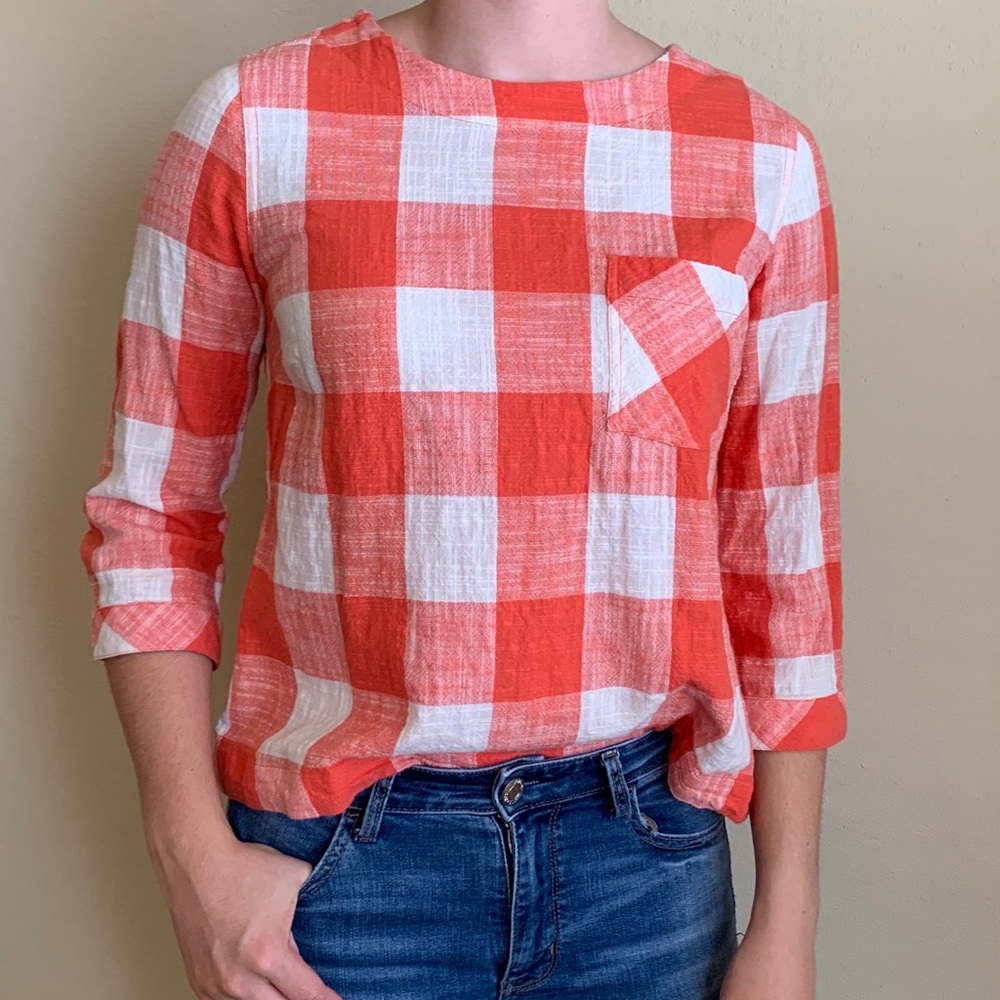 Plaid blouse, coral.